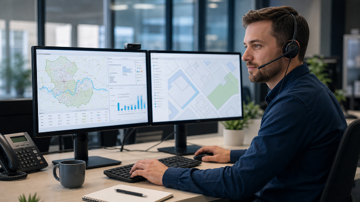 Support analyst reviewing map and service information