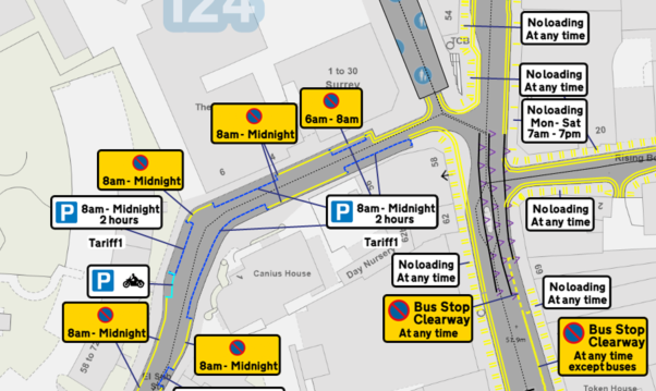eVO TRO map showing styled parking and loading restriction labels