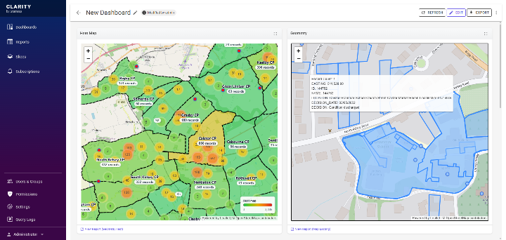 Real Clarity dashboard showing heatmap reporting, geometry panels and local authority spatial data