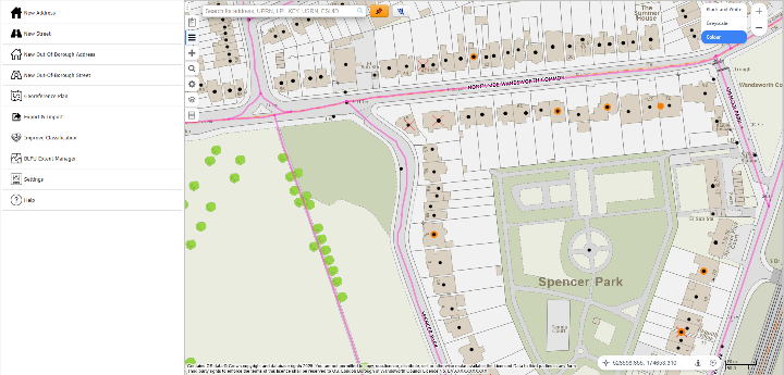 Browser-based gazetteer map interface showing address and street management tools