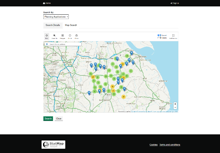 Public Portal map search interface showing planning application locations
