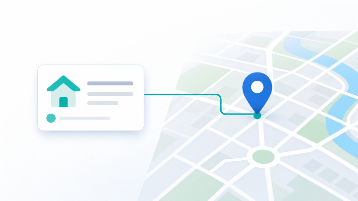 Abstract geocoding and address matching visual with map pins and record cards