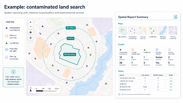 Contaminated land-style search diagram showing a site boundary, inner and outer buffer zones, mapped environmental records and a report summary panel.