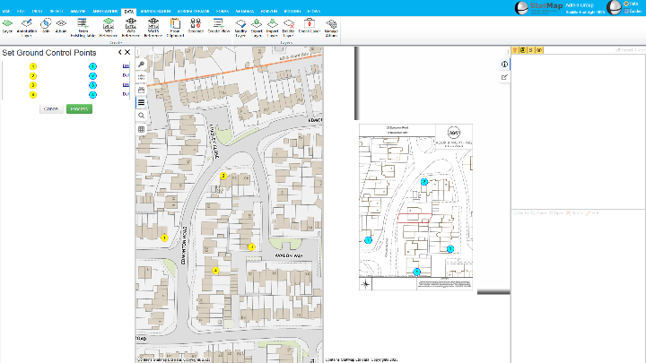 Earthlight GIS interface aligning ground control points against an embedded map print layout