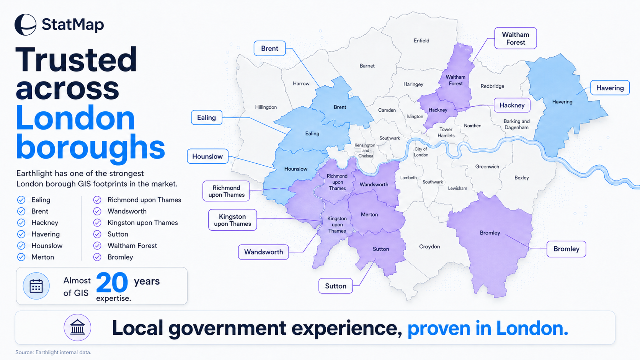 Map of London boroughs highlighting StatMap Earthlight GIS customers including Ealing, Brent, Hackney, Havering, Hounslow, Merton, Richmond upon Thames, Wandsworth, Kingston upon Thames, Sutton, Waltham Forest and Bromley.