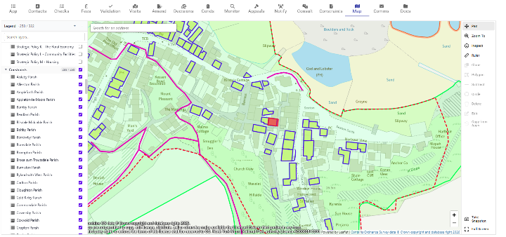 HorizoNext case-management map interface showing planning constraints and site context