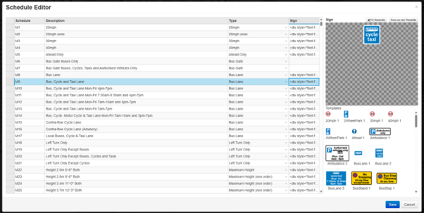 Traffic Regulation Order schedule editor showing restriction schedules and sign templates