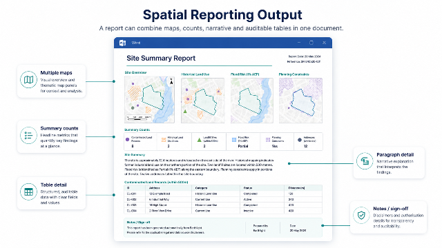 Spatial report anatomy showing maps, summary counts, narrative detail and auditable result tables in one Word report.