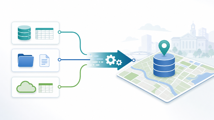 Abstract data integration flows connecting spatial datasets and council systems