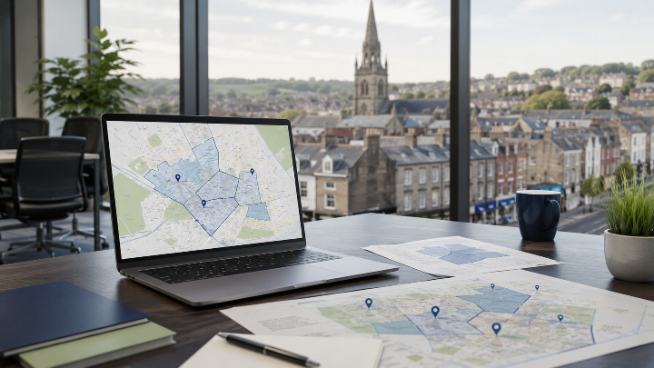 Laptop showing a gazetteer workspace for Local Government Reorganisation readiness