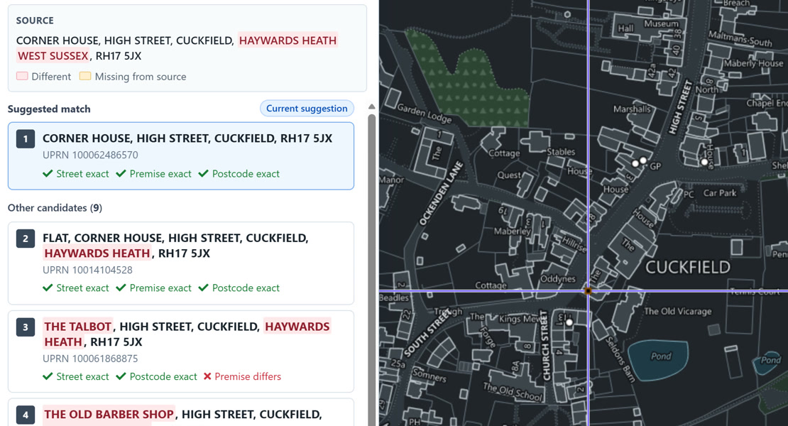 Resolve compares a suggested property match with alternative addresses beside a detailed dark map of Cuckfield