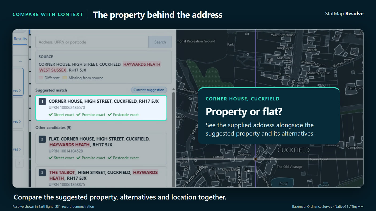 Corner House candidate comparison showing the suggested property, a flat alternative and the map