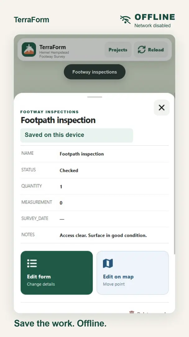 TerraForm inspection form with the saved-on-device confirmation